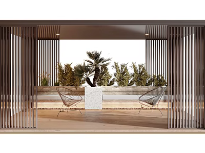 Modern Pergola With Vertical Slats And Wire Chairs Surrounded By Palm Trees And Greenery 3d model