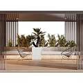 Modern Pergola With Vertical Slats And Wire Chairs Surrounded By Palm Trees And Greenery