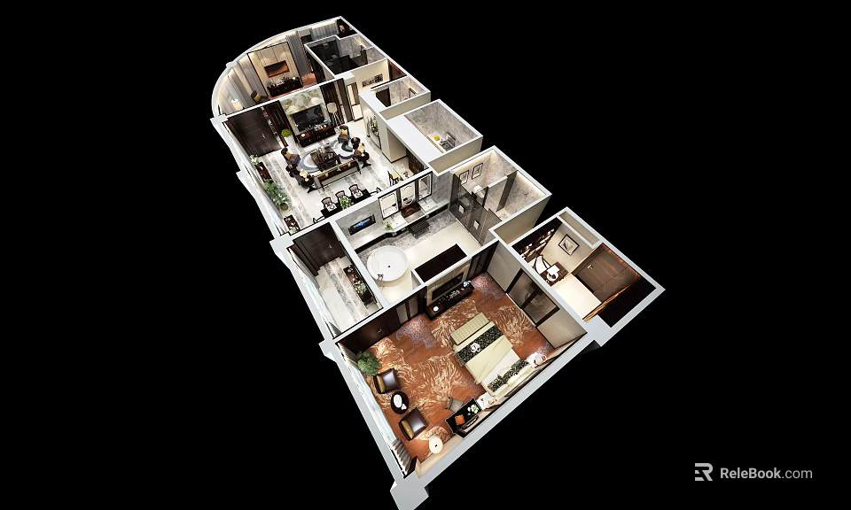 Hotel Room 3D Layout With Bedroom Seating Area And Bathroom Interior Design 3d model 