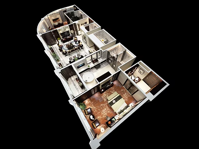 Hotel Room 3D Layout With Bedroom Seating Area And Bathroom Interior Design 3d model