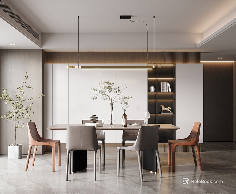 Modern Restaurant Interior With Dining Table Chairs Hanging Pendant Lights Green Plants And Decorative Shelves 3d model 