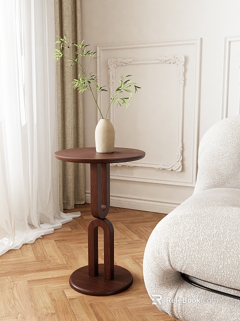 Modern Wooden Side Table With Round Top Unique Base And Green Plant In Living Room 3d model 
