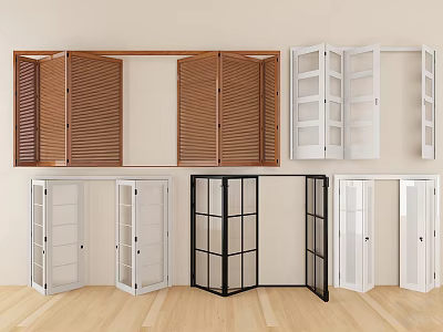 Different Styles of Folding Doors Including Wooden Louvre White and Black Frame Designs 3d model