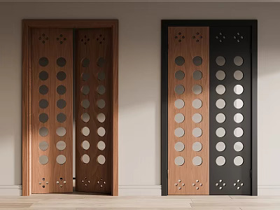 Modern Wooden Double Doors With Brown And Black Panels And Circular Hole Design 3d model