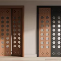Modern Wooden Double Doors With Brown And Black Panels And Circular Hole Design