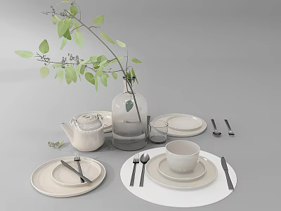 Elegant Dining Tableware Set with Plates Cup Teapot Cutlery and Green Leaf Vase 3d model