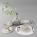 Elegant Dining Tableware Set with Plates Cup Teapot Cutlery and Green Leaf Vase