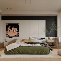 Modern Bedroom Interior Design With Green Bed Cartoon Painting Nightstand Potted Plant And Soft Rug