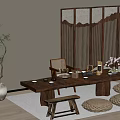 Traditional Chinese Tea Table and Chairs Interior With Wooden Screen Plant Cushions and Tea Sets