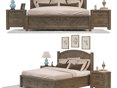 Wooden Double Bed Setup With Soft Bedding Wooden Nightstands And Framed Paintings 3d model