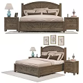 Wooden Double Bed Setup With Soft Bedding Wooden Nightstands And Framed Paintings