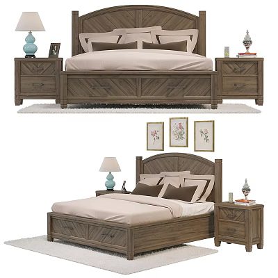 Wooden Double Bed Setup With Soft Bedding Wooden Nightstands And Framed Paintings 3d model