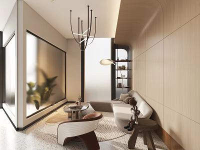 Modern Lounge Room Interior Design With Chandelier Sofa Chair Plant And Natural Light 3d model
