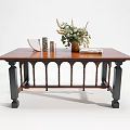 Wooden Dining Table With Arched Black Legs And Decorative Vase Flower Bouquet