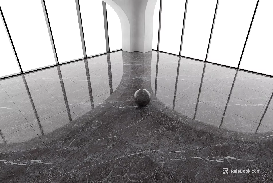 Polished Gray Marble Floor Tiles In Glossy Interior Space With Large Windows 3d model 