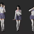 Woman In Purple Plaid Skirt White Top With Pink Backpack Black Shoes Different Angles
