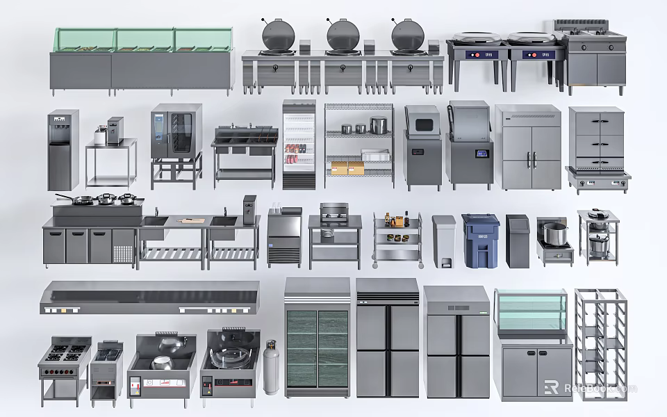 Diverse Kitchen Equipment Collection Featuring Refrigerators Stoves Display Counters And Cabinets 3d model