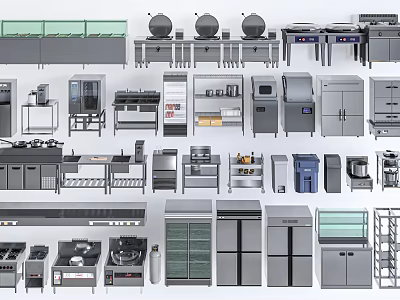 Diverse Kitchen Equipment Collection Featuring Refrigerators Stoves Display Counters And Cabinets 3d model