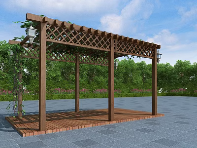 Wooden Pergola With Lattice Top Climbing Plants And Wooden Platform Green Trees Under Blue Sky 3d model