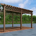 Wooden Pergola With Lattice Top Climbing Plants And Wooden Platform Green Trees Under Blue Sky