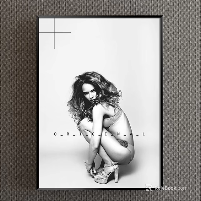 Black and White Female Portrait Painting With Curly Hair In Lingerie Crouching Pose Simple Background 3d model 