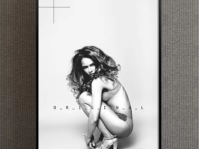 Black and White Female Portrait Painting With Curly Hair In Lingerie Crouching Pose Simple Background 3d model
