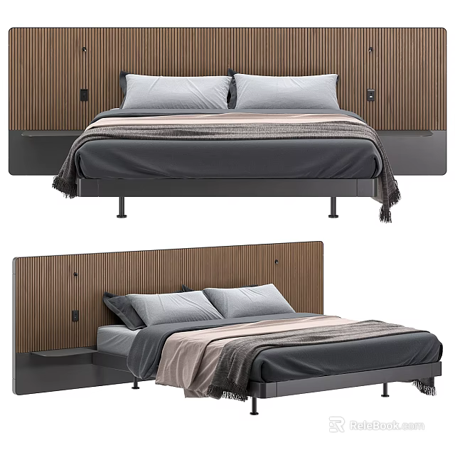 Modern Double Bed Frame Design With Wooden Striped Headboard Gray Bedding And Beige Throw Blanket 3d model 
