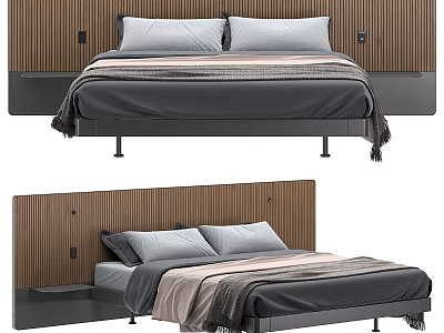 Modern Double Bed Frame Design With Wooden Striped Headboard Gray Bedding And Beige Throw Blanket 3d model
