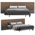 Modern Double Bed Frame Design With Wooden Striped Headboard Gray Bedding And Beige Throw Blanket