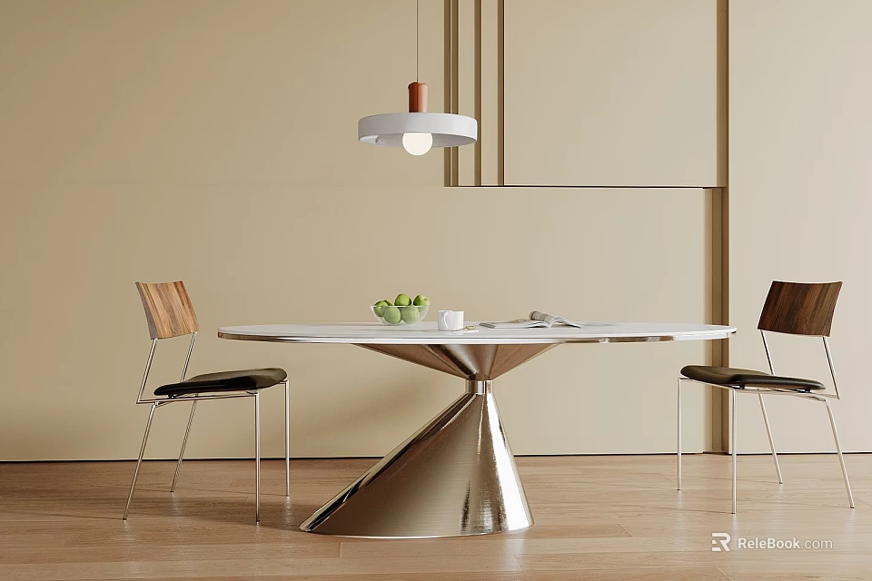 Modern Dining Table With Round White Tabletop Metal Base Two Chairs And Pendant Light 3d model