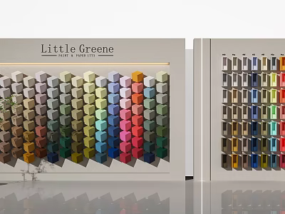 Little Greene Display Shelves Featuring Various Color Samples Neatly Arranged for Exhibition 3d model