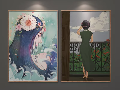 Portrait Paintings Featuring Long Haired Woman With Floral Wreath And Woman In Cheongsam By Railing 3d model