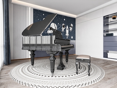 Children's piano practice room grand piano stool round carpet model