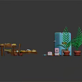 Kitchen Decorative Ornament Set With Red Blue Refrigerators Ovens Dining Table Chairs And Potted Plant