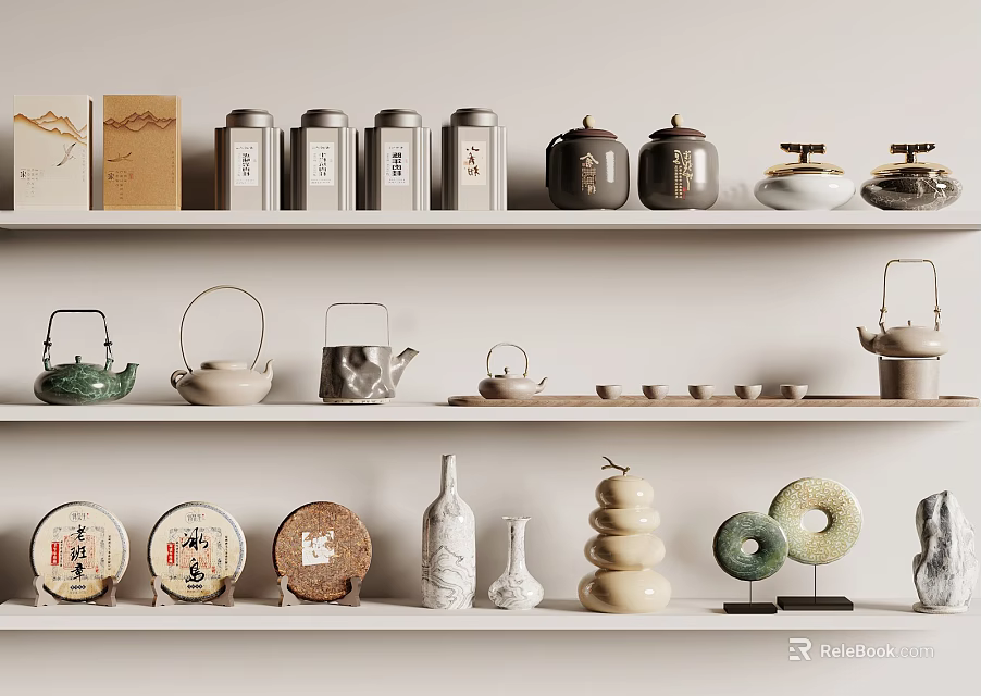 Modern Minimalist Tea Ware Collection With Ceramic Teapots Caddies Cakes And Display Shelves 3d model 