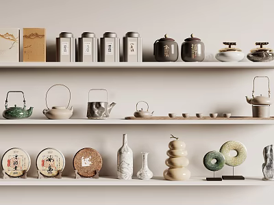 Modern Minimalist Tea Ware Collection With Ceramic Teapots Caddies Cakes And Display Shelves 3d model