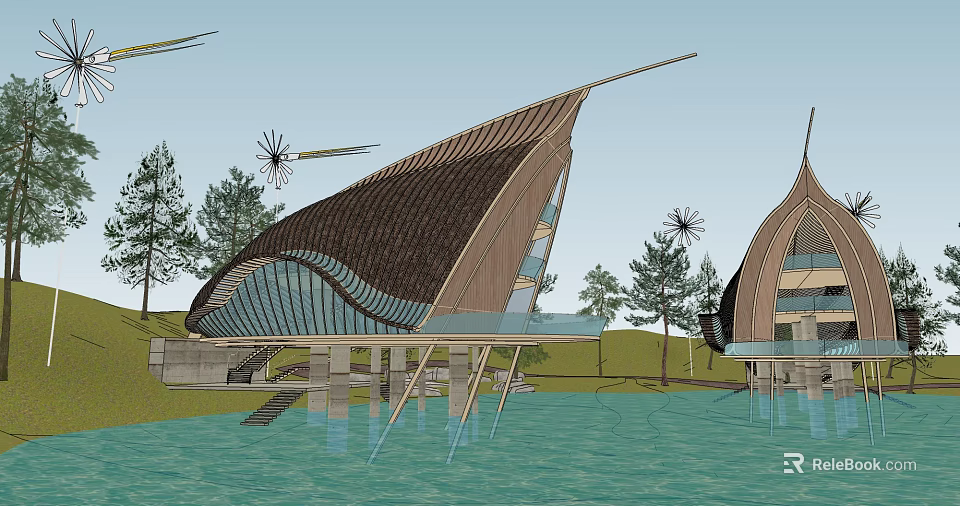 Boutique Hotel Architecture With Sail Like Roof Over Water Surrounded By Trees And Glass Walls 3d model 
