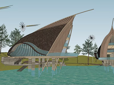 Boutique Hotel Architecture With Sail Like Roof Over Water Surrounded By Trees And Glass Walls 3d model