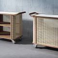 Stylish Modern Wooden Rattan Mobile Carts With White Top And Wheels
