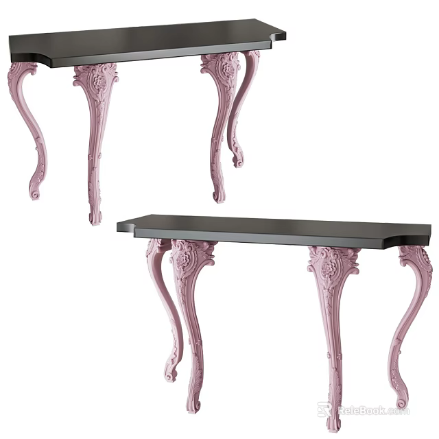 Elegant Decorative Console Table Design With Pink Carved Legs And Black Tabletop 3d model 