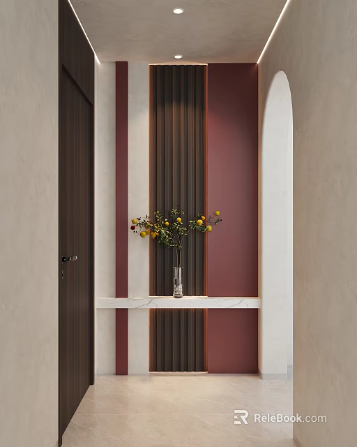 Stylish Foyer Hallway With Color Blocked Walls Vertical Slats And Floral Vase 3d model 