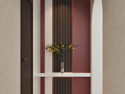 Stylish Foyer Hallway With Color Blocked Walls Vertical Slats And Floral Vase 3d model