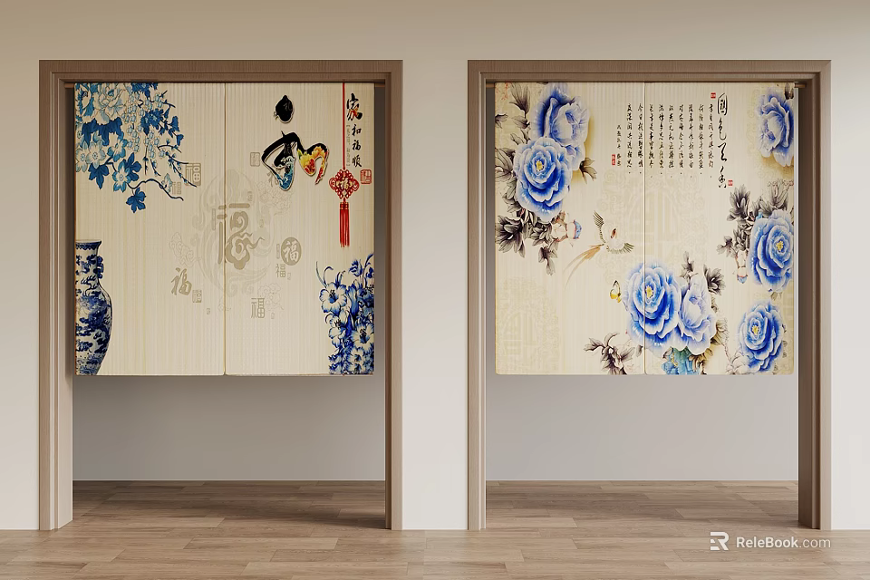 Chinese Style Doors With Blue White Floral Patterns Calligraphy Fortune Characters And Lanterns 3d model 