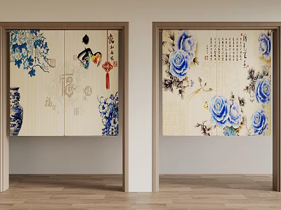 Chinese Style Doors With Blue White Floral Patterns Calligraphy Fortune Characters And Lanterns 3d model