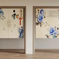 Chinese Style Doors With Blue White Floral Patterns Calligraphy Fortune Characters And Lanterns