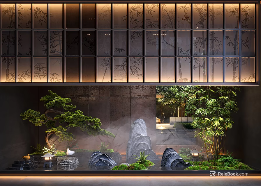 Indoor Landscape Design With Green Plants Rock Formations Water Features And Soft Lighting 3d model 
