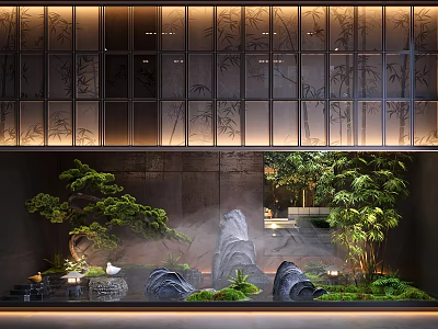 Indoor Landscape Design With Green Plants Rock Formations Water Features And Soft Lighting 3d model