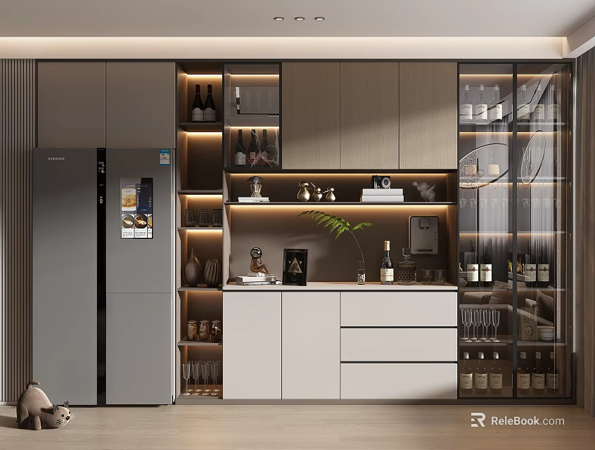 Modern Kitchen Wine Cabinet With Glass Doors LED Lighting And Decorative Storage 3d model 