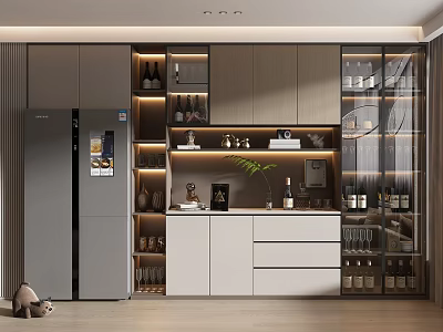 Modern Kitchen Wine Cabinet With Glass Doors LED Lighting And Decorative Storage 3d model