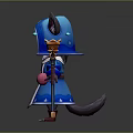 Game Movie Character Cat Like In Blue Hooded Cloak With Magic Flaming Staff And Bag